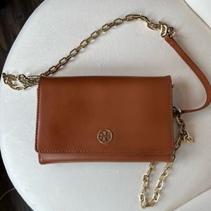Tory Burch Crossbody with full compartments - Tan & Blue interior